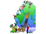People building together a planet shaped wall